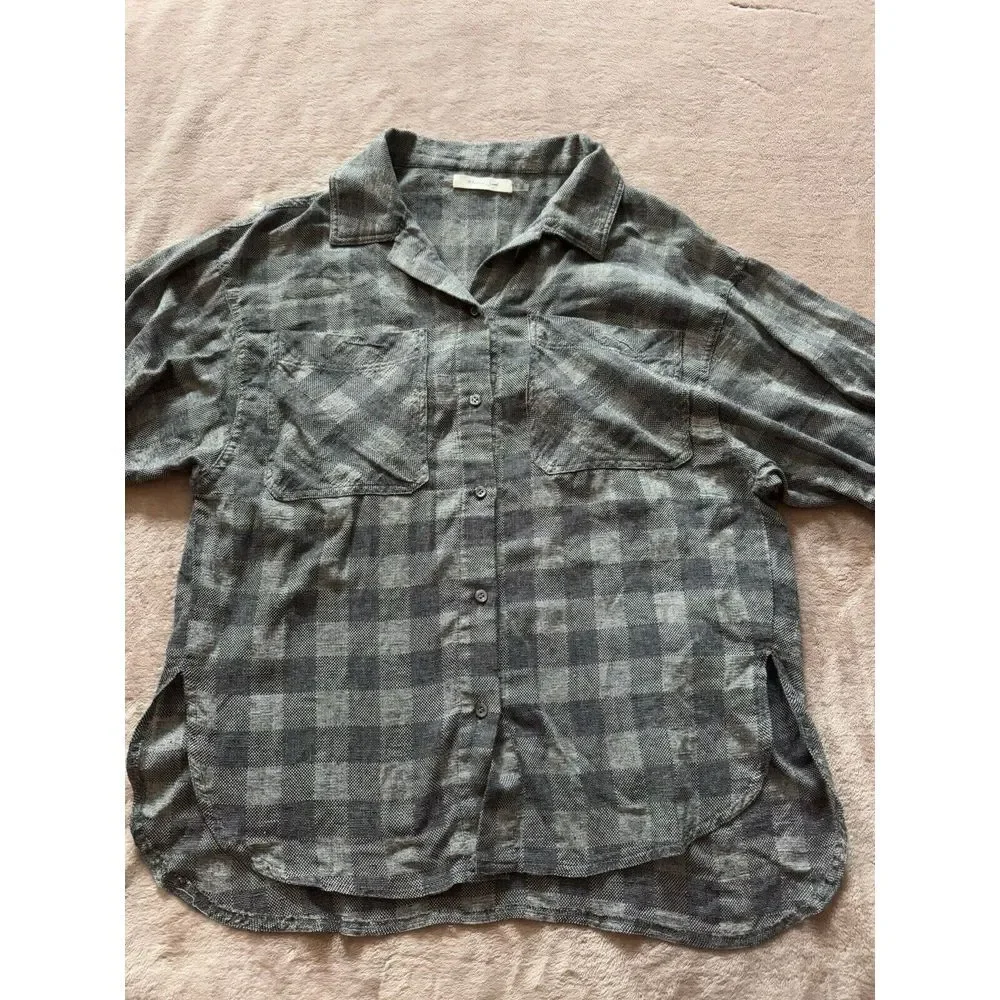 Mustard Seed Top Shirt Plaid Pull On Sleeve V‎ Neck Hi Low Hem Boho Sz S - Picture 2 of 10